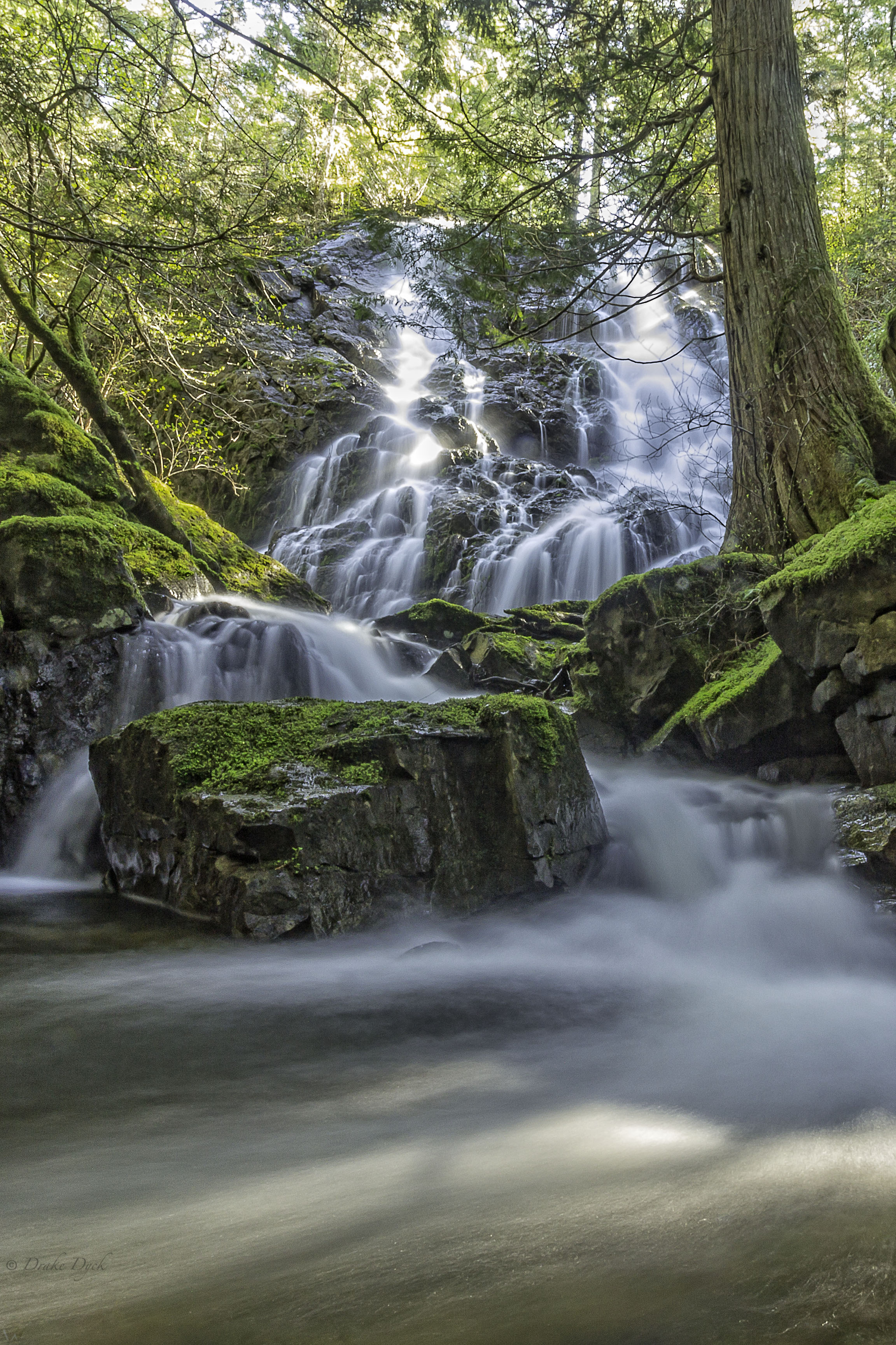 water flowing like silk over moss covered rocks at Mary Vine Falls