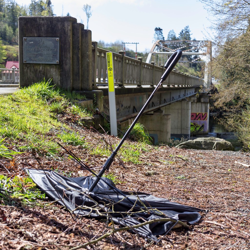 a broken umbrella lies next to the Sooke River bridge