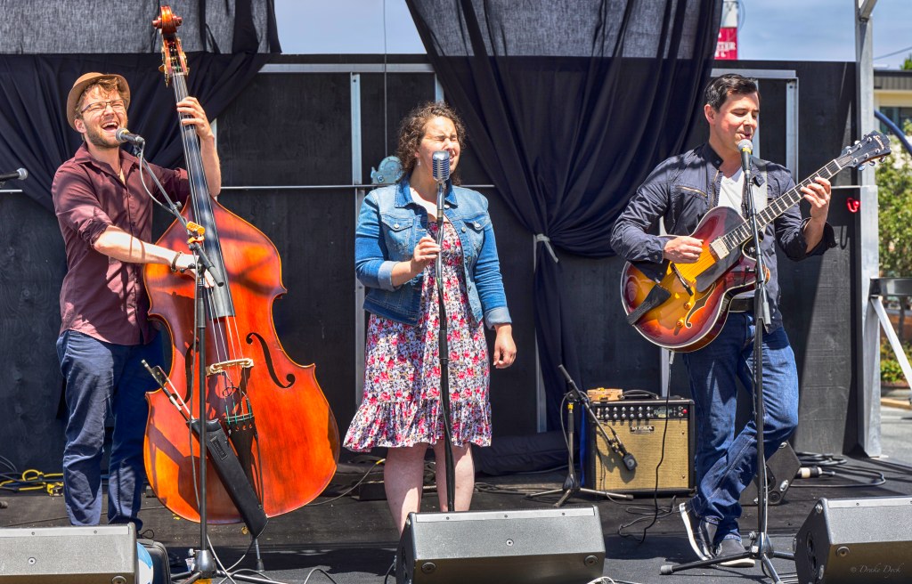a bass player, singer and guitar player on stage singing