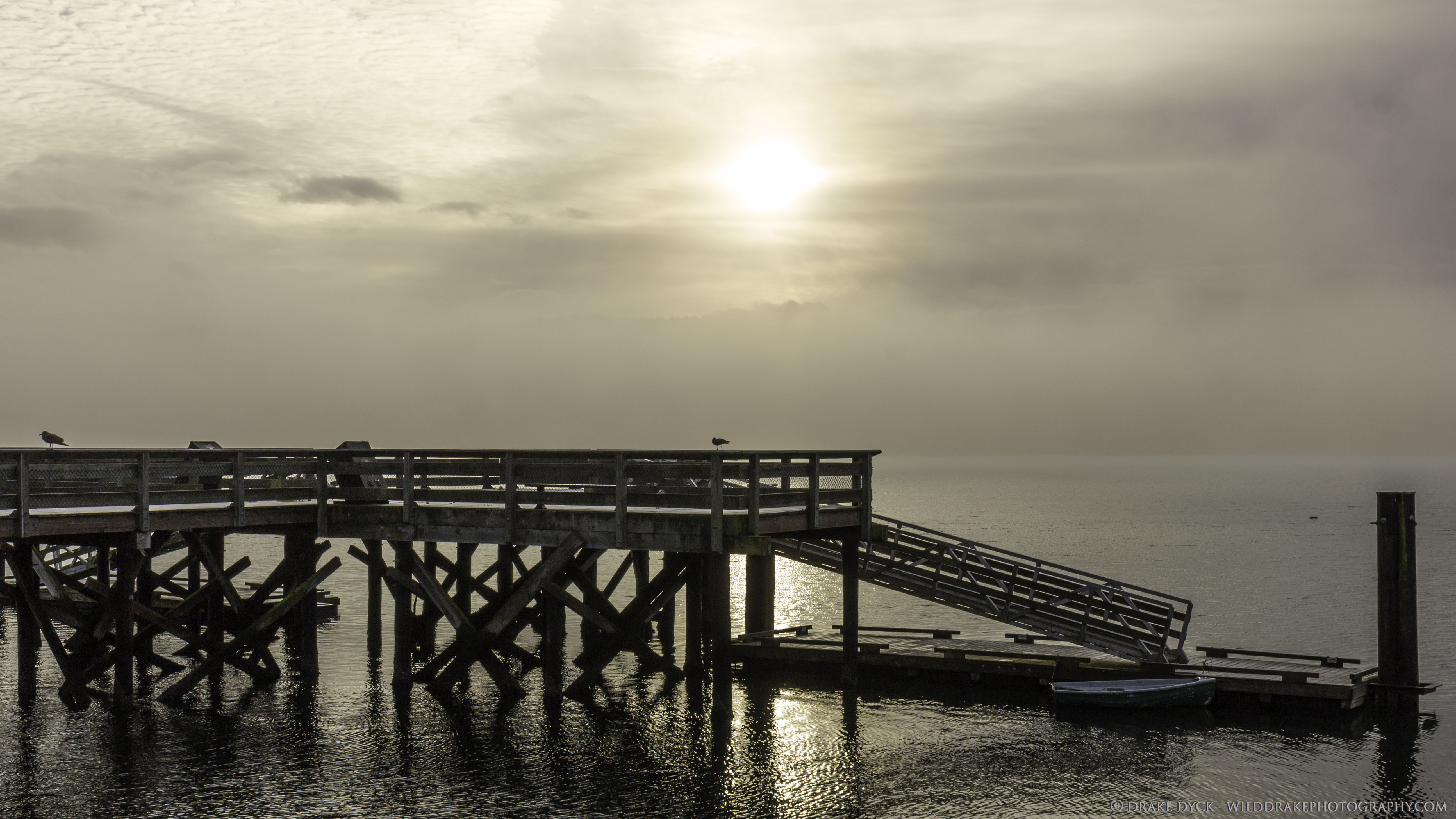a lonely boardwalk sits deserted in the fog