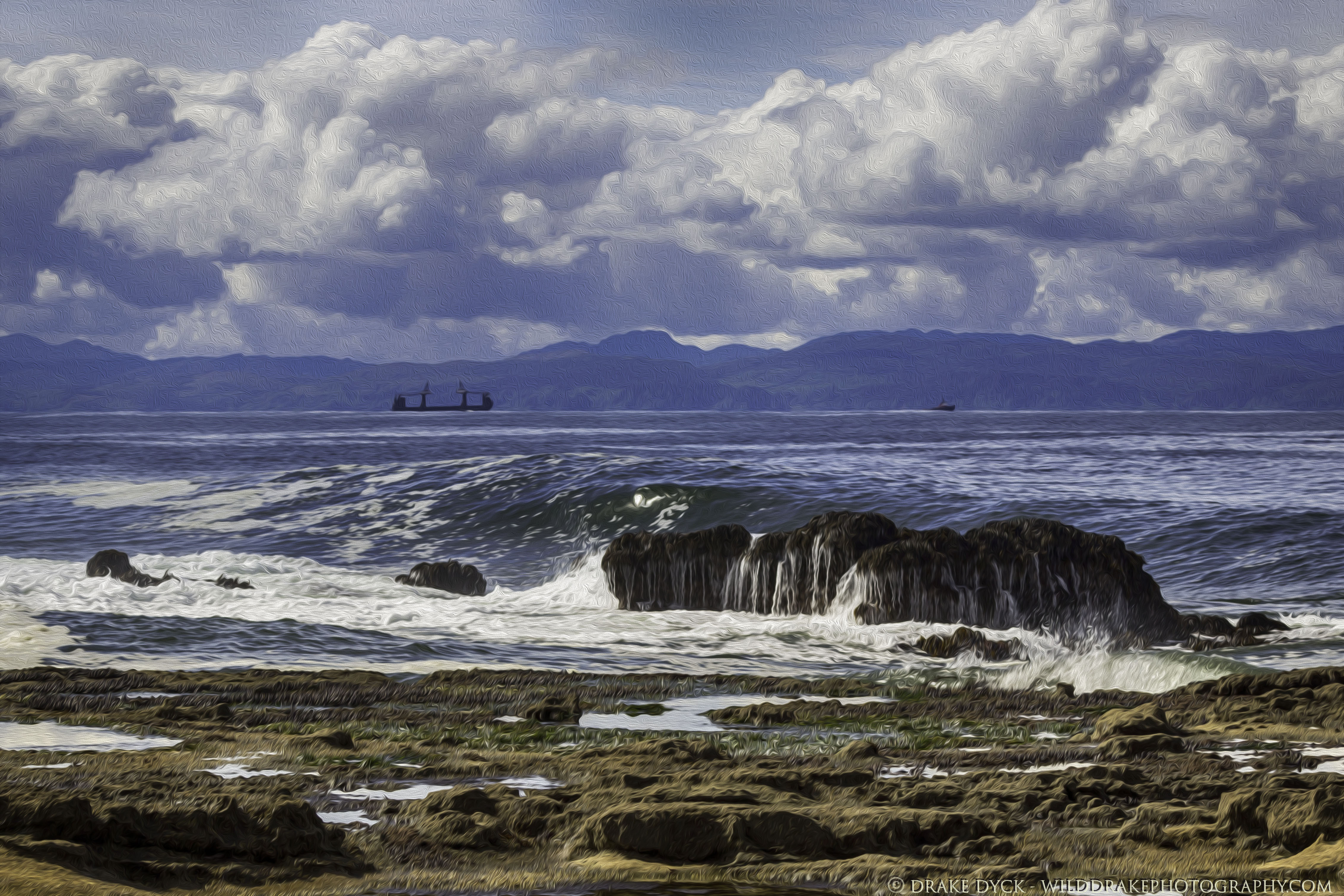 a painterly look at the beach with a ship in the distance